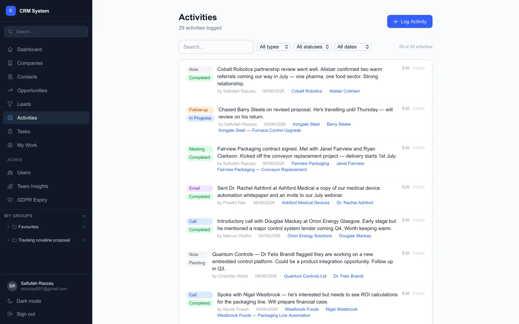 Activity: logged activity feed