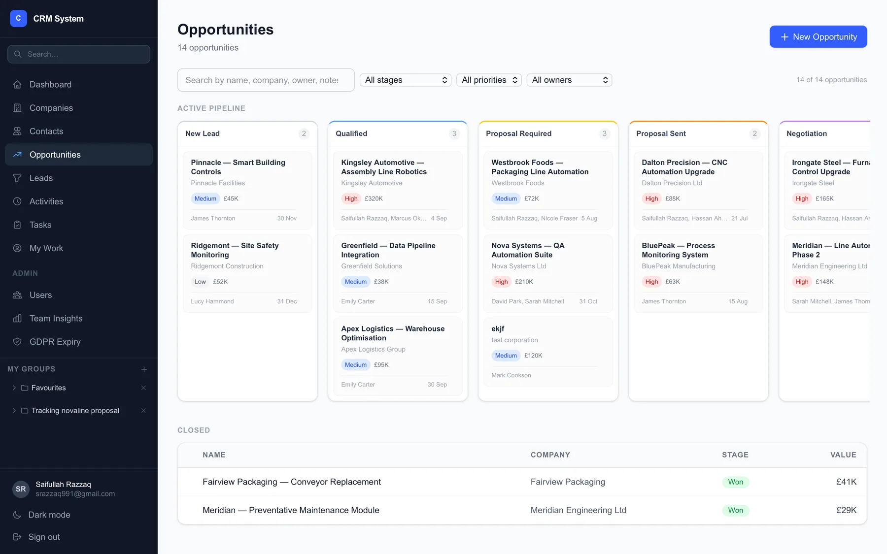 APS CRM Pro pipeline board